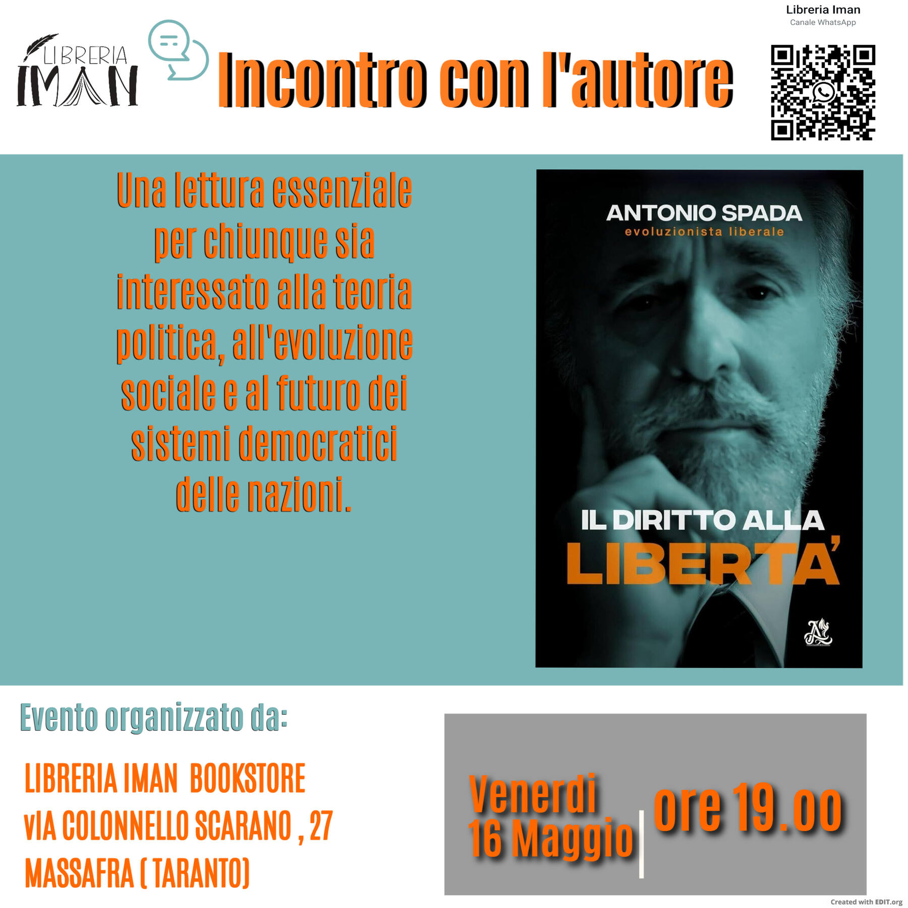 “Il diritto alla libertà”: a Massafra la presentazione del saggio di Antonio Spada “Il diritto alla libertà”: a Massafra la presentazione del saggio di Antonio Spada