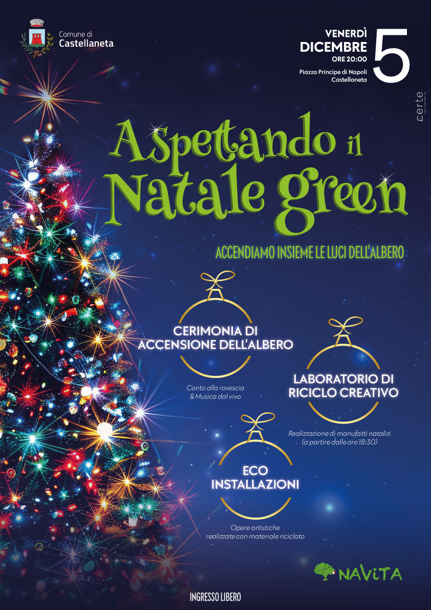 ‘Aspettando il Natale green”, Castellaneta dà il via al Natale in chiave green – 5 dicembre 2025 ore 20.00 – Piazza Principe di Napoli ‘Aspettando il Natale green”, Castellaneta dà il via al Natale in chiave green – 5 dicembre 2025 ore 20.00 – Piazza Principe di Napoli